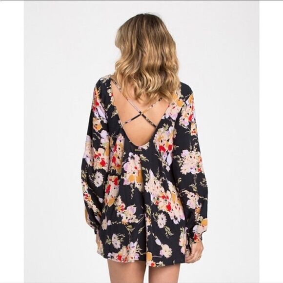 Billabong Size Large Black Secret Moons Long Sleeve Floral Boho Romper - Picture 2 of 12